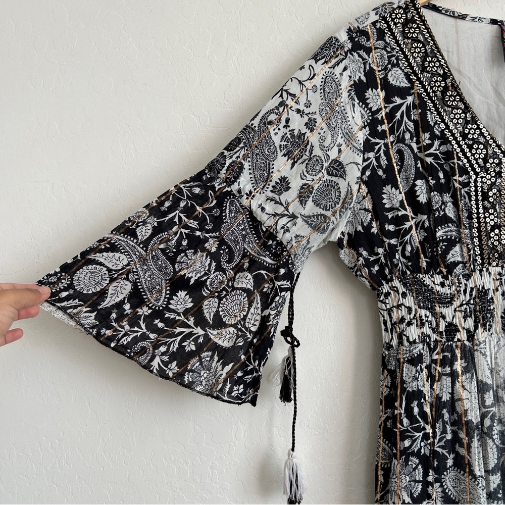 Anthropologie/Me 2 Magic Dress XL Maxi Tiered Flare Sleeve Paisley Black White - Picture 4 of 11